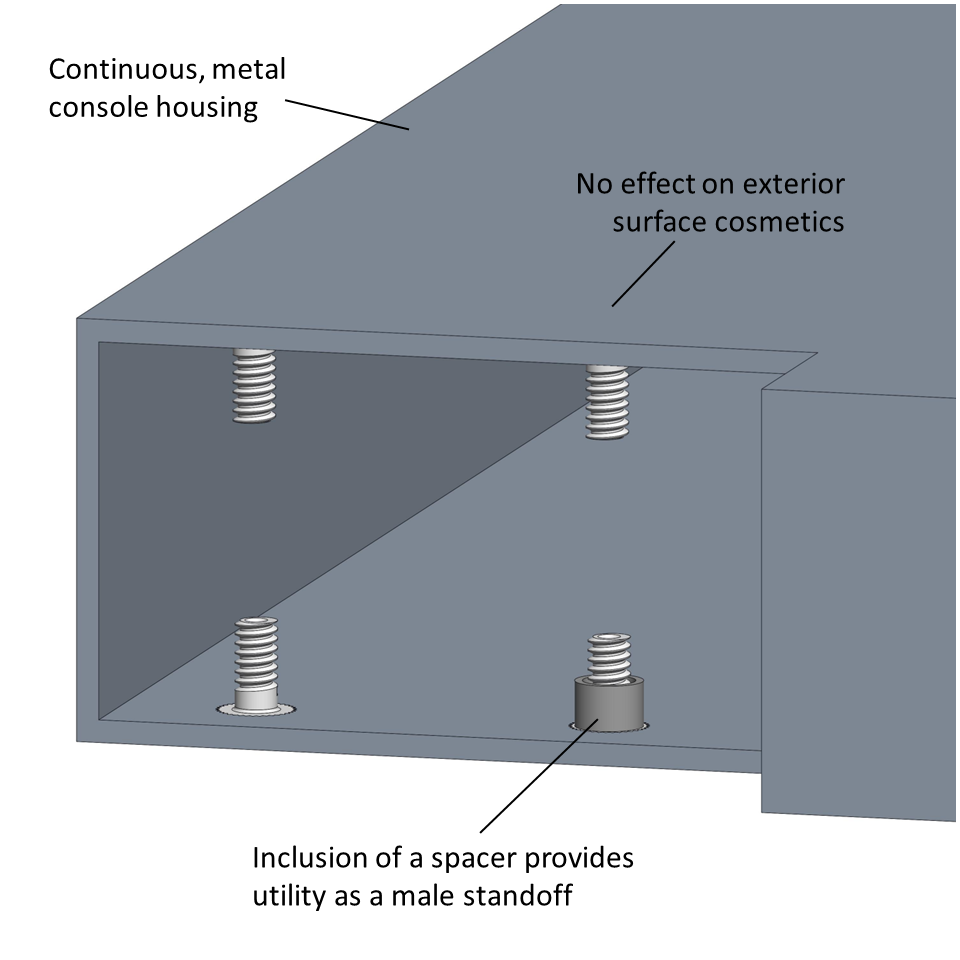 A sheet metal housing with four studs clinched into blind holes as well as a spacer used to make a male standoff