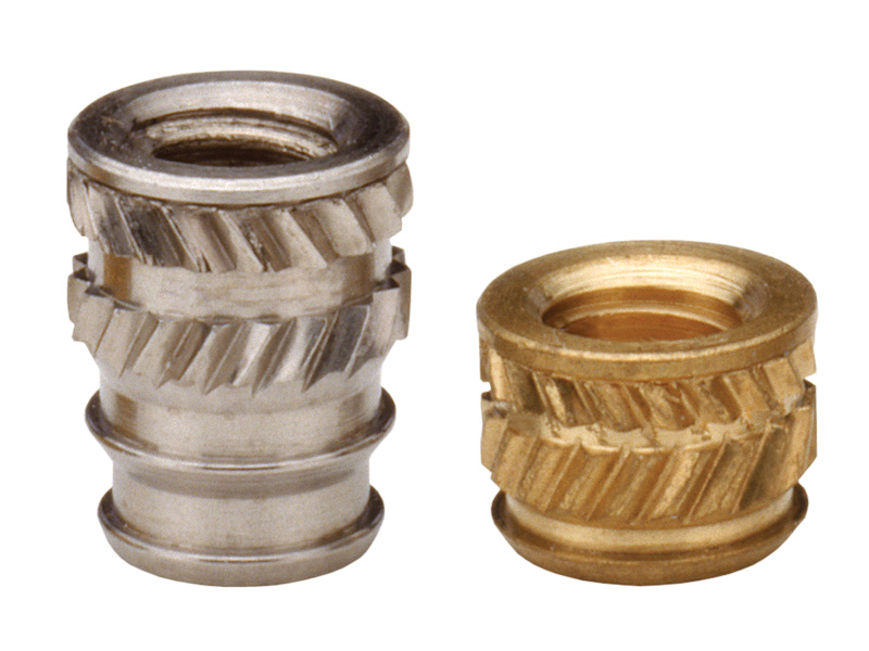 Tapered, heat-staking threaded inserts for use in plastic, draft holes