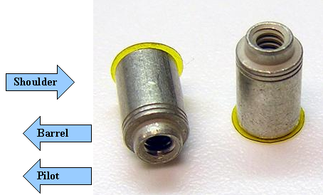 Detailed photo of typical surface mount spacer highlighting pilot, barrel, and shoulder of spacer.