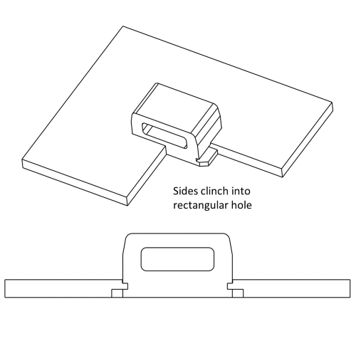 Cross-section schematic of a self-clinching cable-tie mount in a metal panel