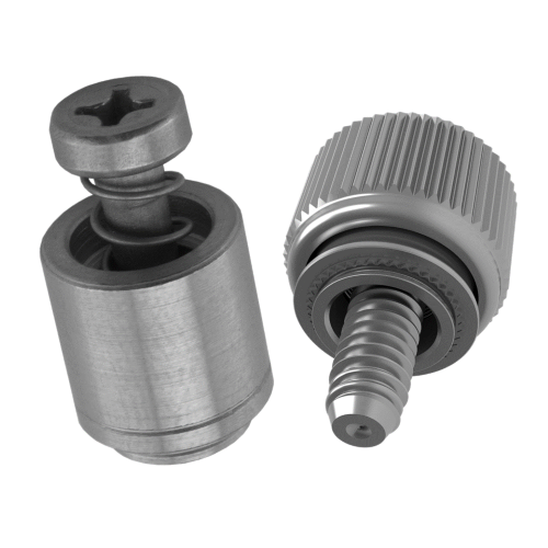 Two varieties of panel fasteners both with spring loaded screws in self-clinching retainers