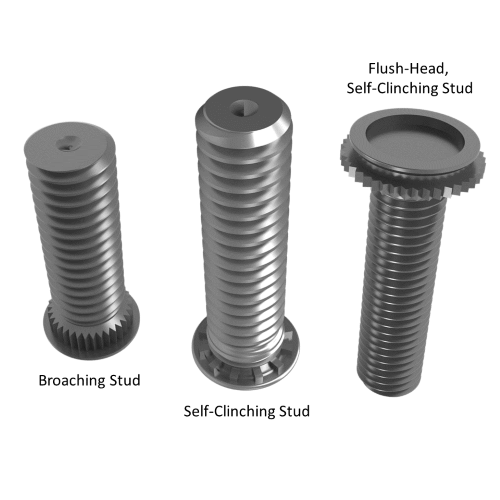 Three varieties of threaded studs with broaching or self-clinching attachment features