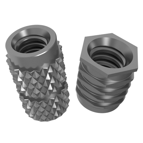 Two varieties of threaded inserts for plastic: knurled for molded-in applications, ribbed for press-in applications