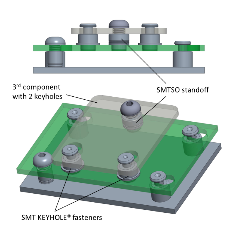A complex assembly utilizing both self-clinching and SMT KEYHOLE® standoffs