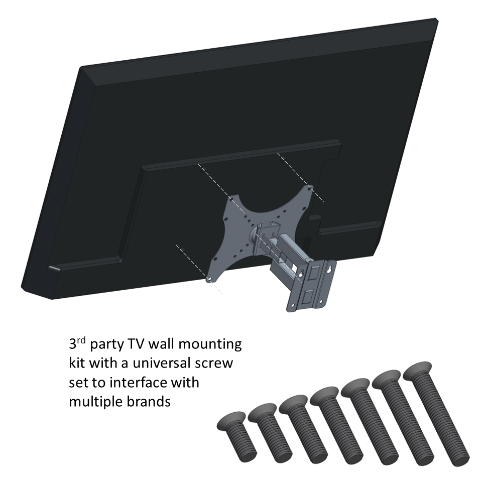 A TV with a 3rd party wall mounting kit and a set of screws of assorted lengths