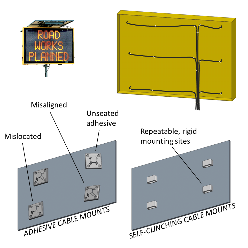 Adhesive cable-tie mounts are cheap and fast to install but suffer many potential defects when running cables across the back of a digital road sign