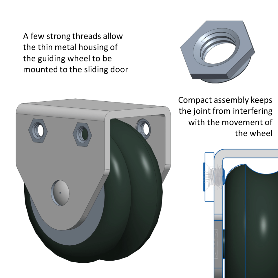 A wheel assembly for sliding doors showing the utility of flush nuts to join panels in compact applications