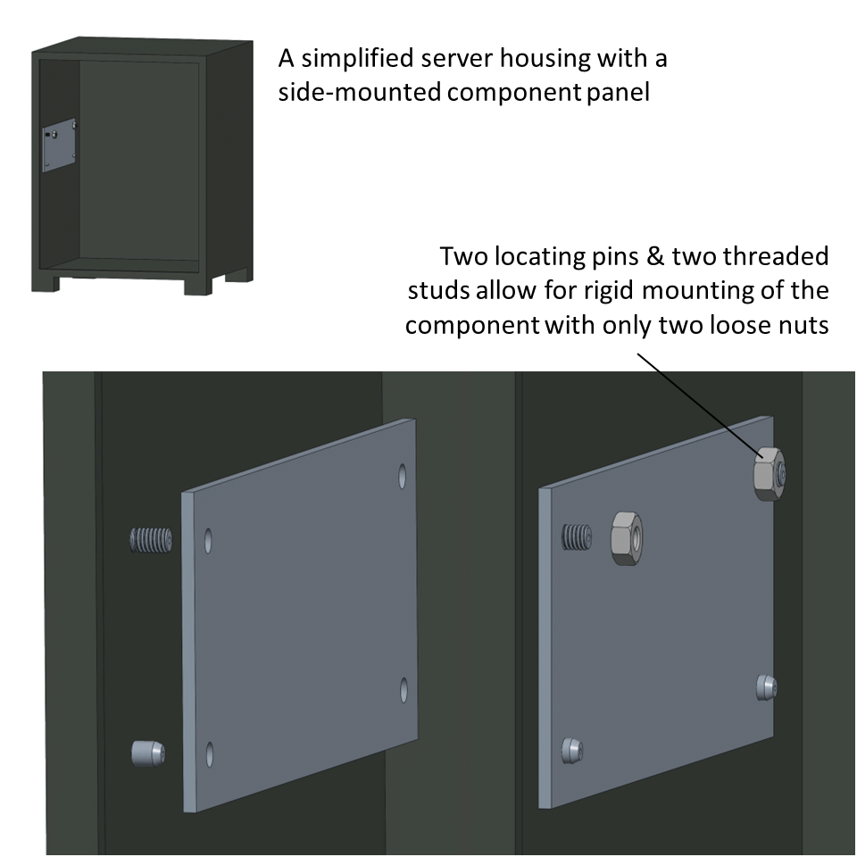 A simplified server housing assembly shows how locating pins can replace threaded studs to minimize loose hardware without sacrificing stability