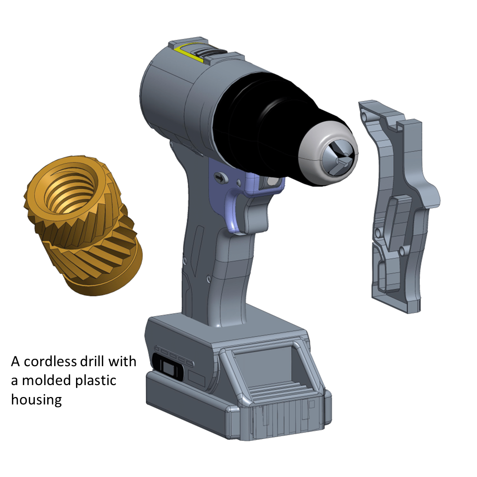 The plastic housing of a cordless drill might use threaded inserts to secure the assembly