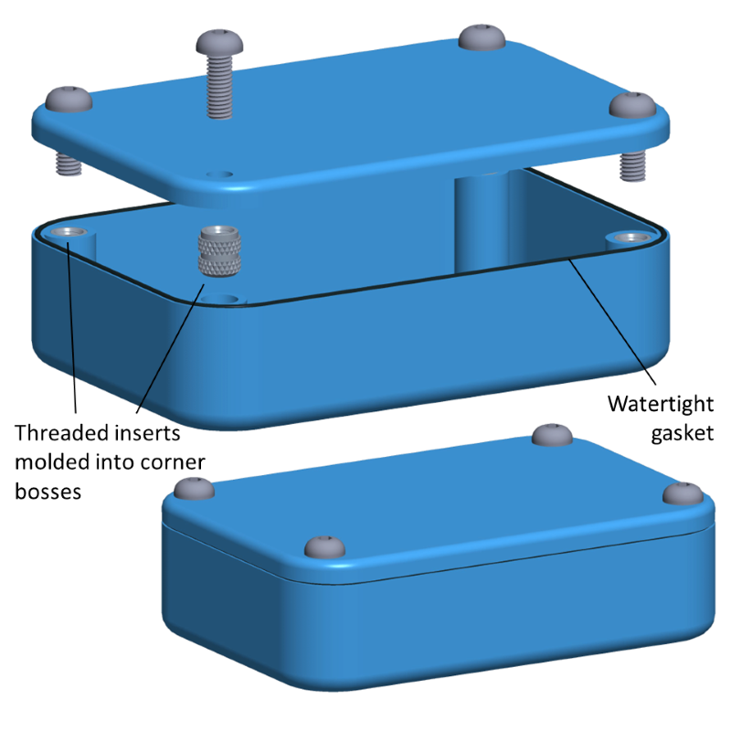 A plastic enclosure uses threaded inserts molded into corner bosses to fasten a watertight lid to the top