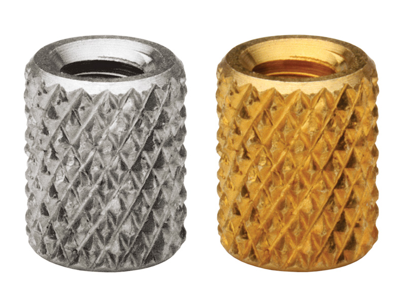 Fully knurled, through-hole threaded inserts for use in molded-in applications