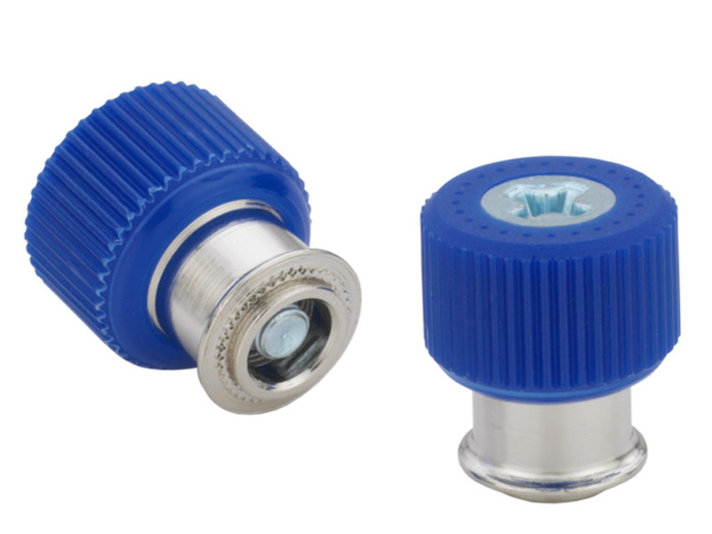 Spring-loaded knob-cap screw with custom color in a self-clinching retainer