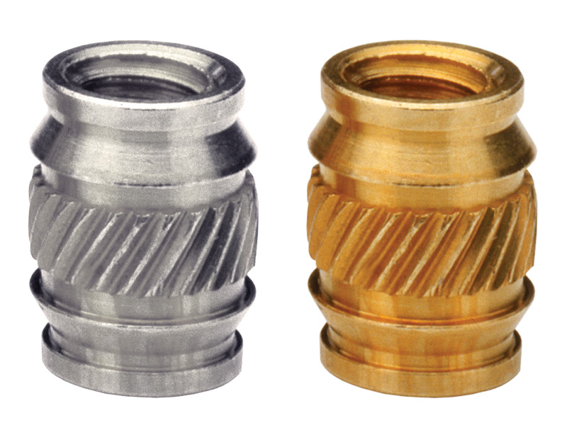 Symmetrical, heat-staking threaded inserts for use in straight molded, plastic holes