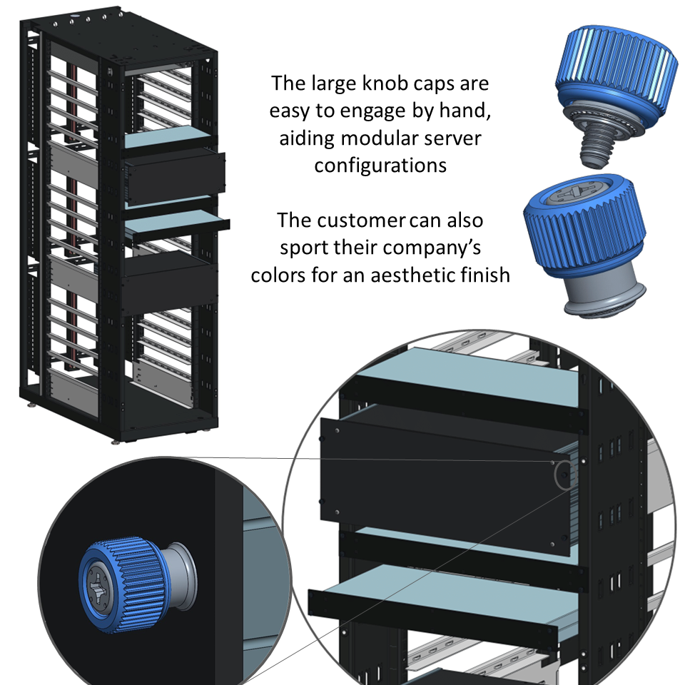 A server rack assembly shows the customization and tool-less engagement capabilities of knob-cap captivated screws