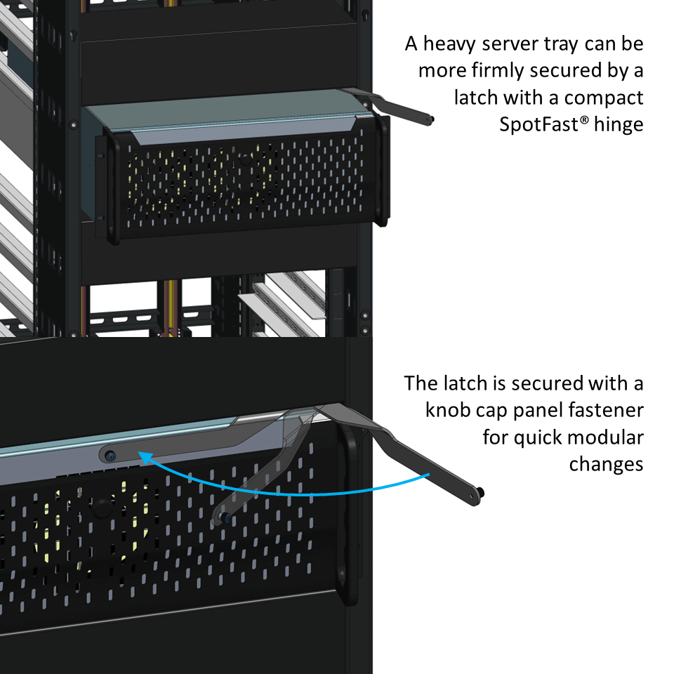 A server rack shows how the SPOTFAST® with a washer can create a compact hinge for equipment security